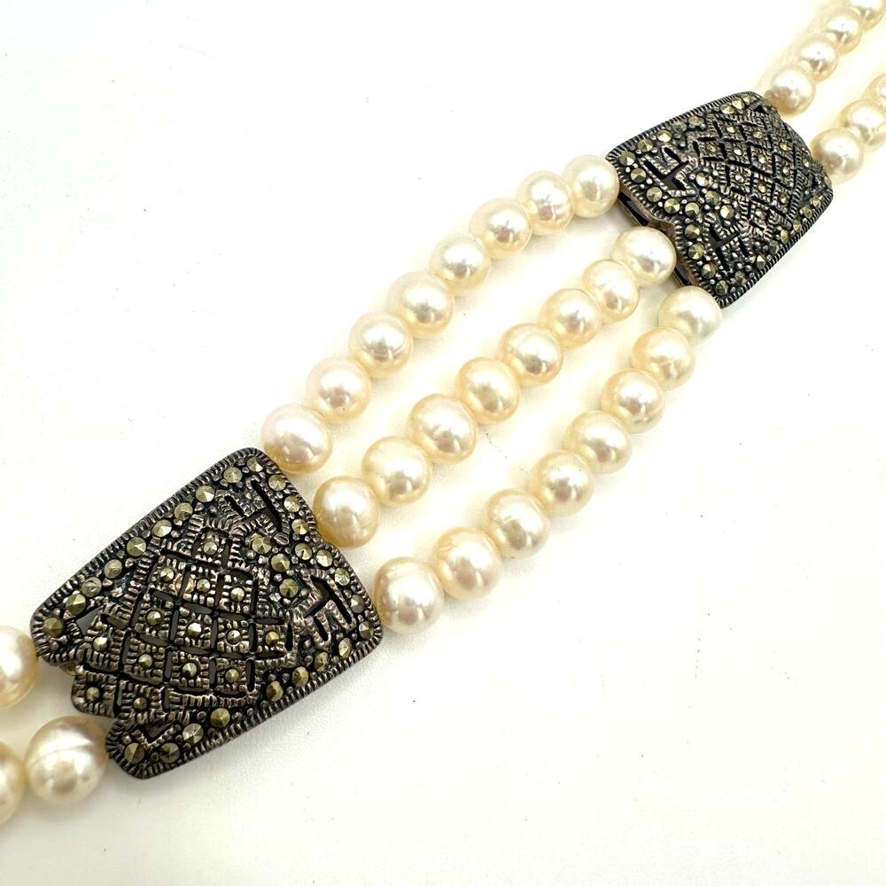 NF Thailand 925 sterling silver marcasite real freshwater pearls bracelet 32.40g